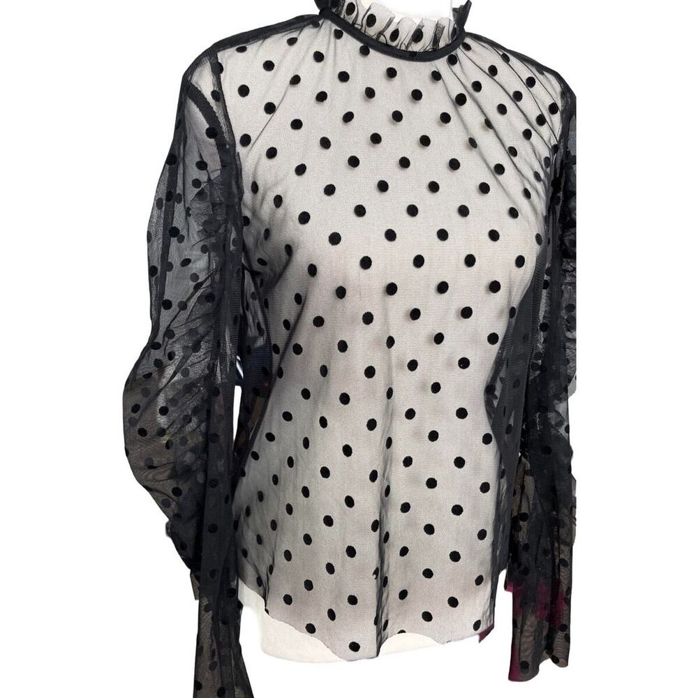NWT Topshop Whimsygoth Black Sheer Polka Dot Top Ruffle Sleeve 4 Fairy Grunge